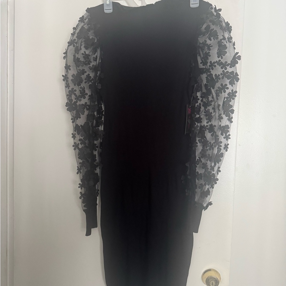 Elegant Black Dress with Sheer Floral Sleeves